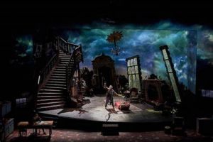 The whole set, a stylistic broken Manor, with lowering sky
